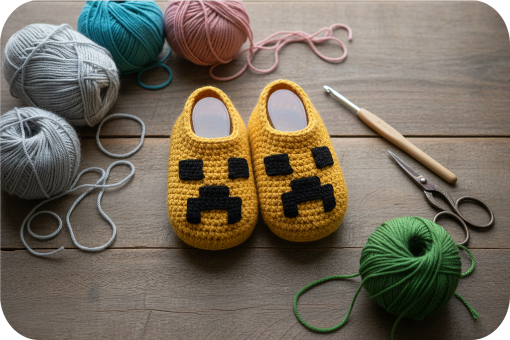 Crochet Minecraft Creeper Slippers Kit – DIY Gift Set for Beginners