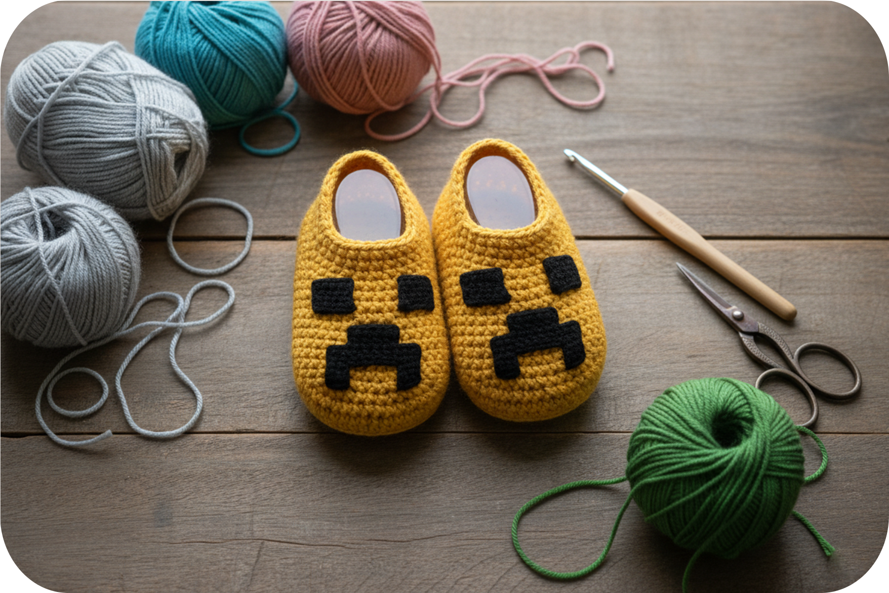 Crochet Minecraft Creeper Slippers Kit – DIY Gift Set for Beginners